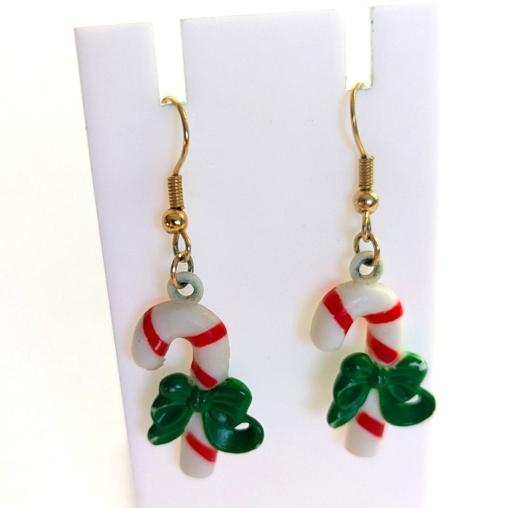 Vintage Russ Acrylic Candy Cane Bow Christmas Holiday Dangle Hook Earrings
